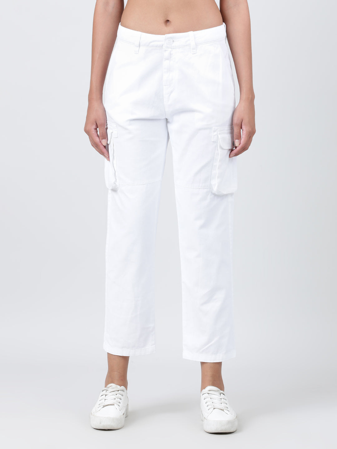 Women White Regular Fit Pure Cotton Solid Cargo Trousers