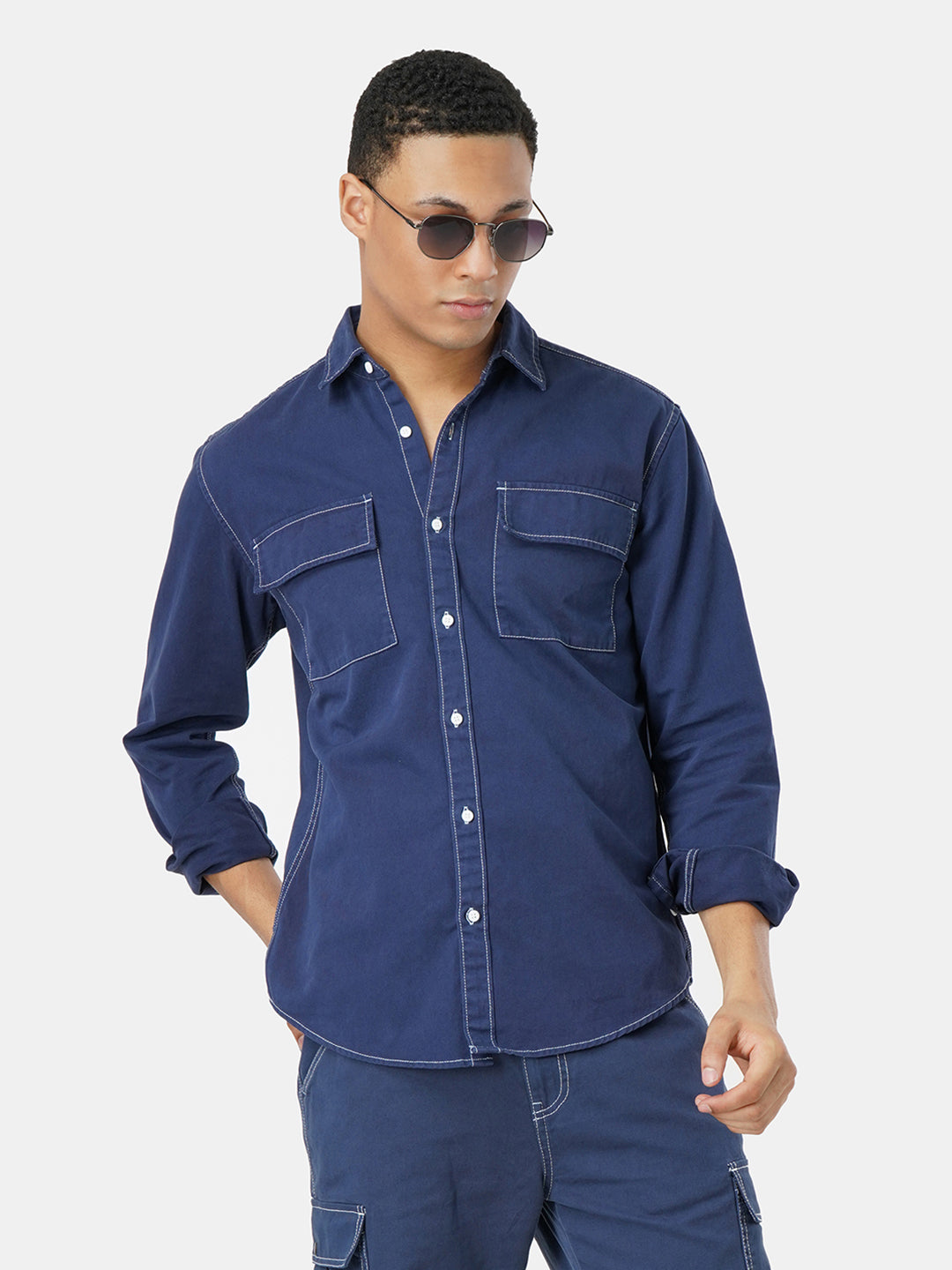 Men Indigo Dye Regular Fit Contrast Threads Casual Shirt