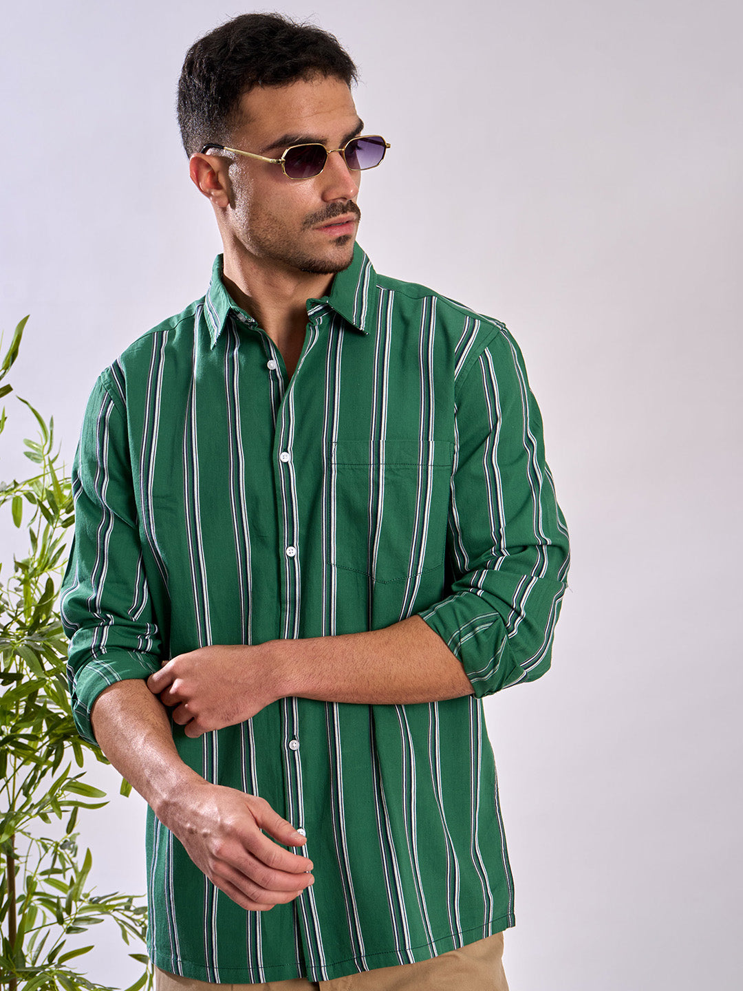Men Green Relax Fit Striped Single Pocket Shirt