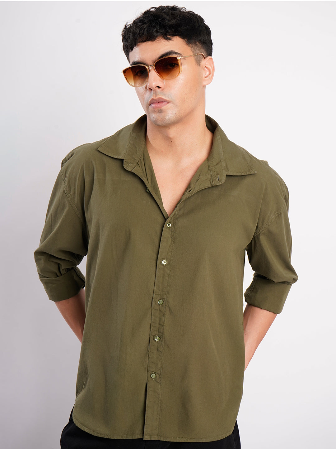 Men Olive Oversize Cotton Casual Shirt