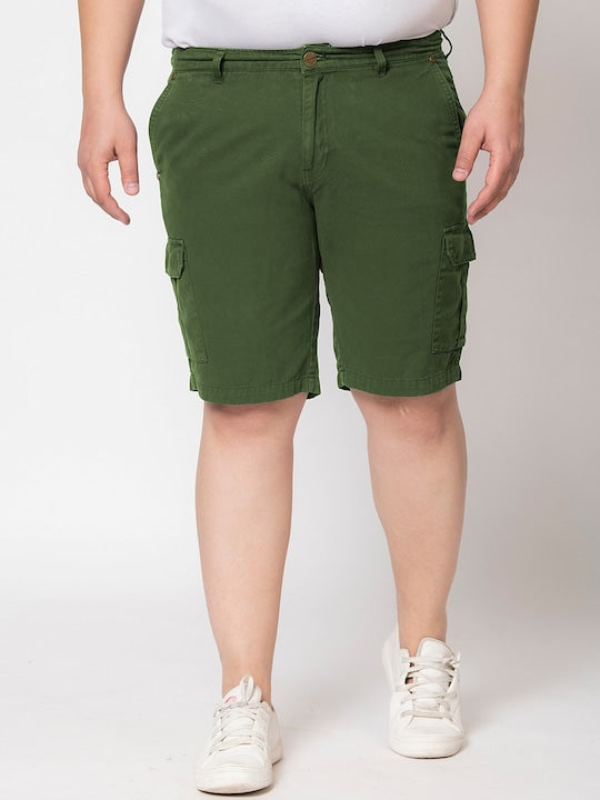 Men Olive Regular Fit Solid Cargo Shorts