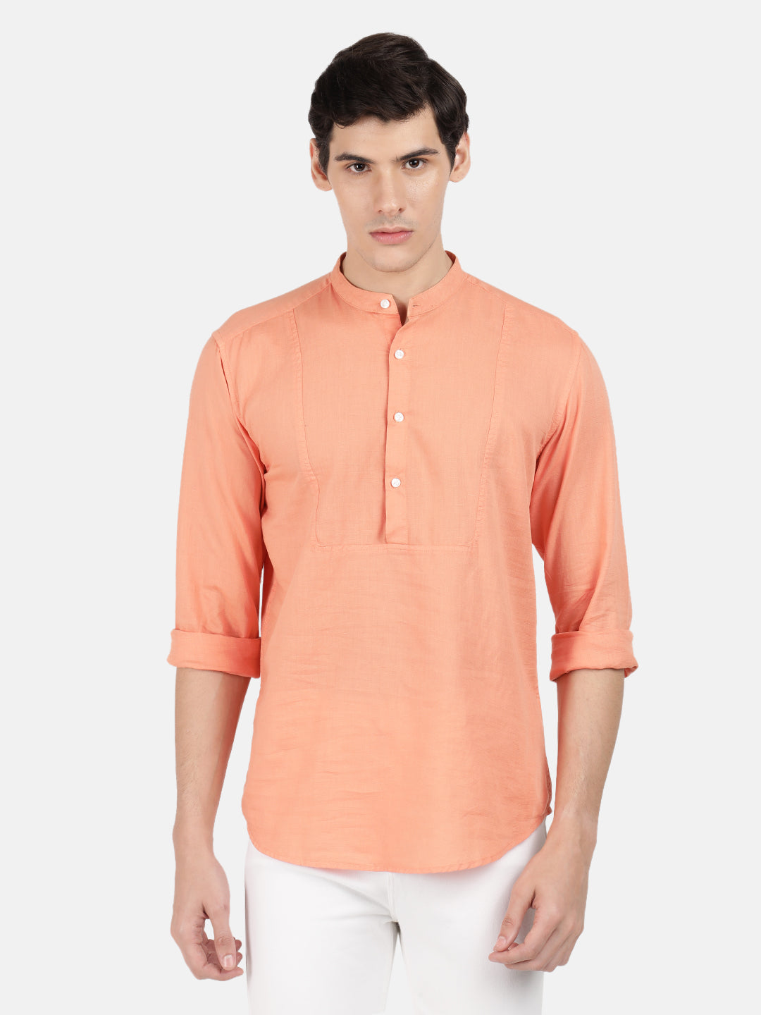 Men Orange Overdyed Cotton-Linen Solid Casual Kurta