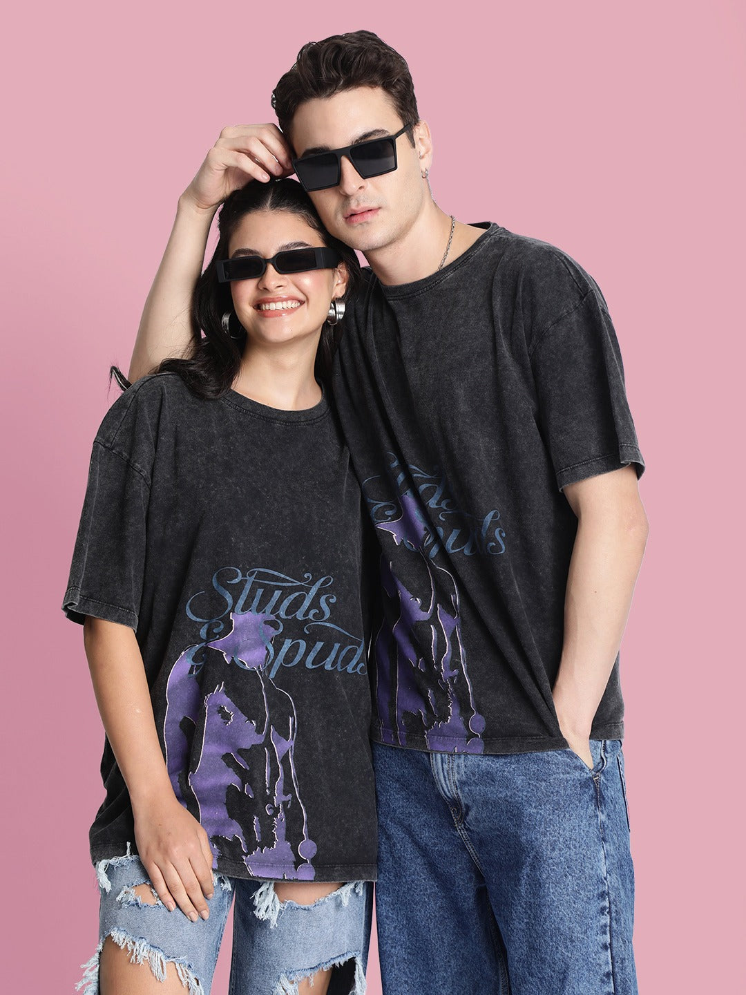 Gender-Fluid Charcoal Oversized Washed T-Shirt for Couples