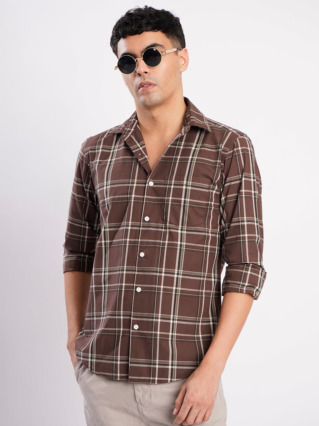 Men Brown Checked Single Pocket Shirt
