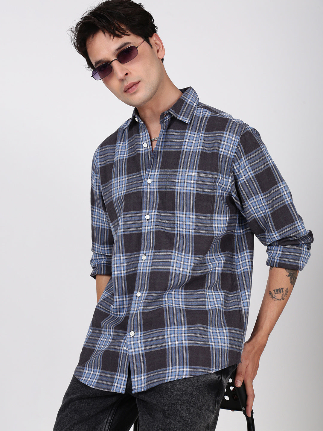 Men Blue and Grey Checked Single Pocket Shirt