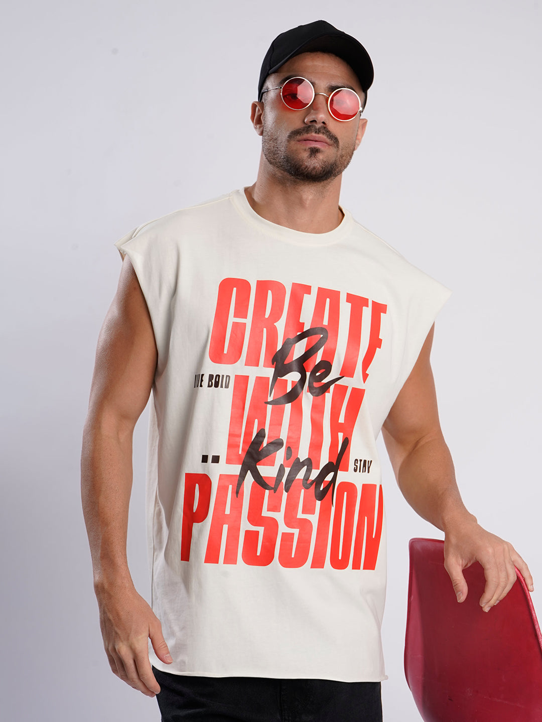 Men Beige Sleeveless Typography Print Oversized T Shirt