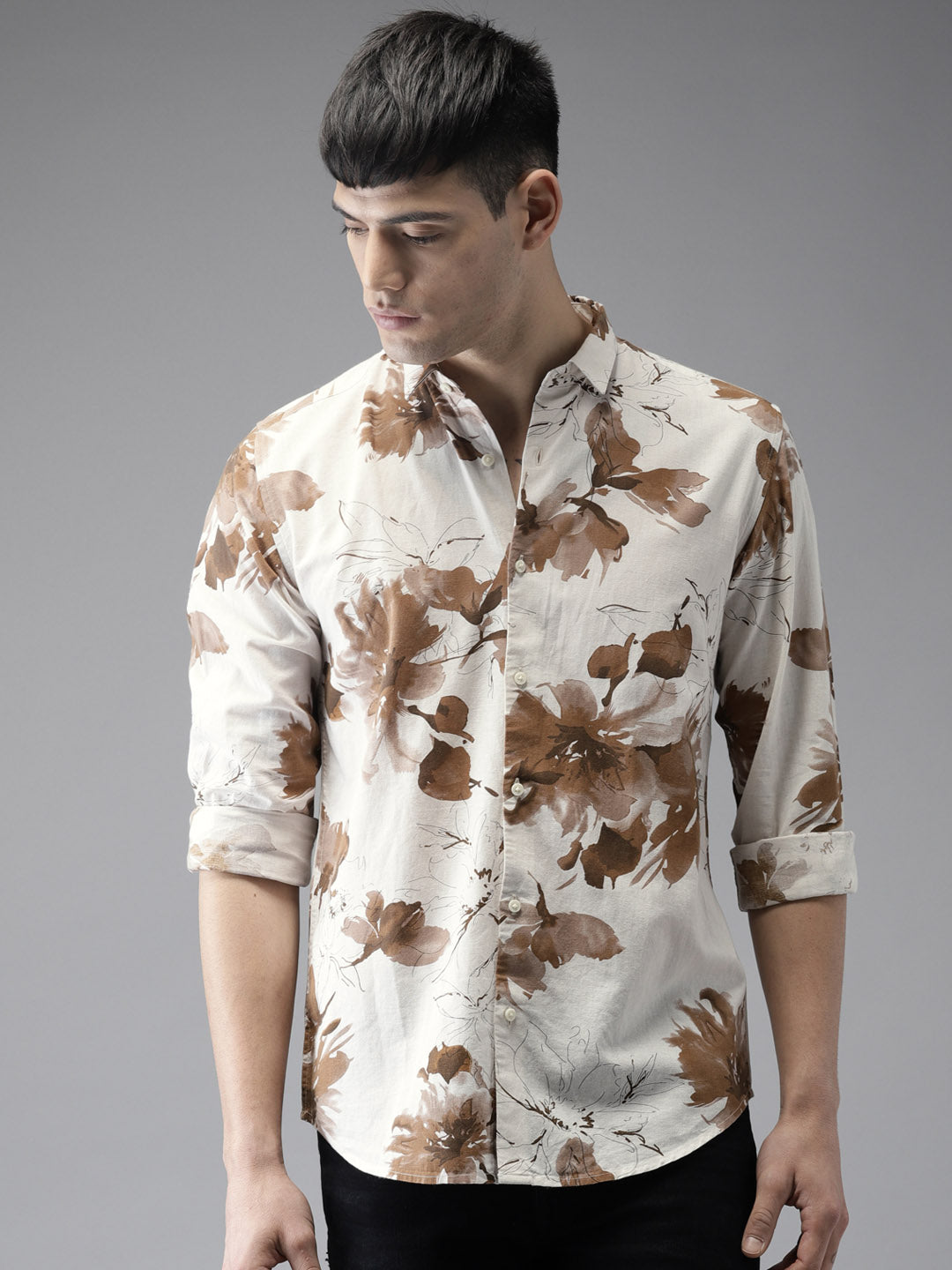 Men Cream Slim Fit Floral Casual Shirt