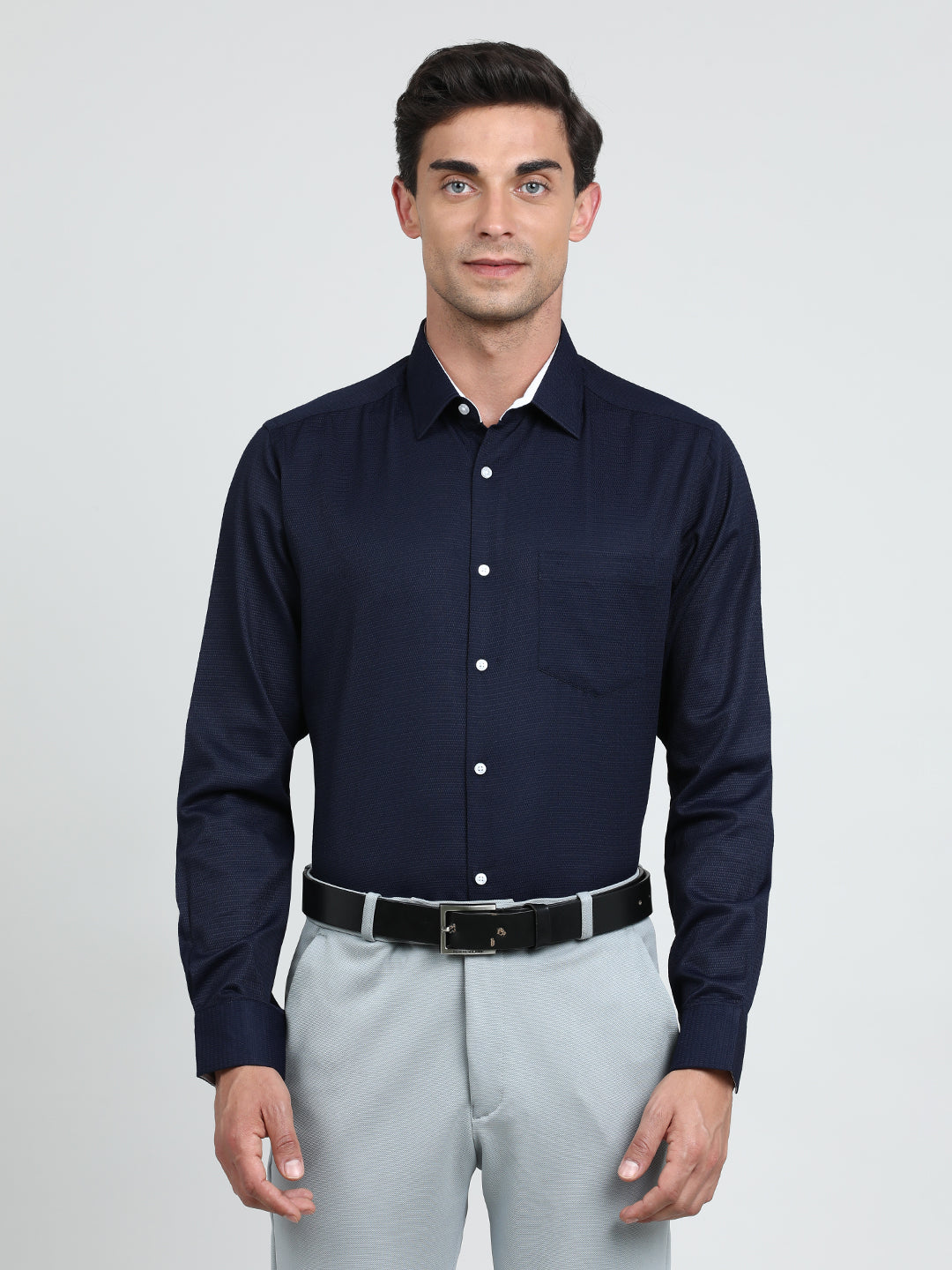 Men Navy Regular Fit Textured Poly Cotton Formal Shirt