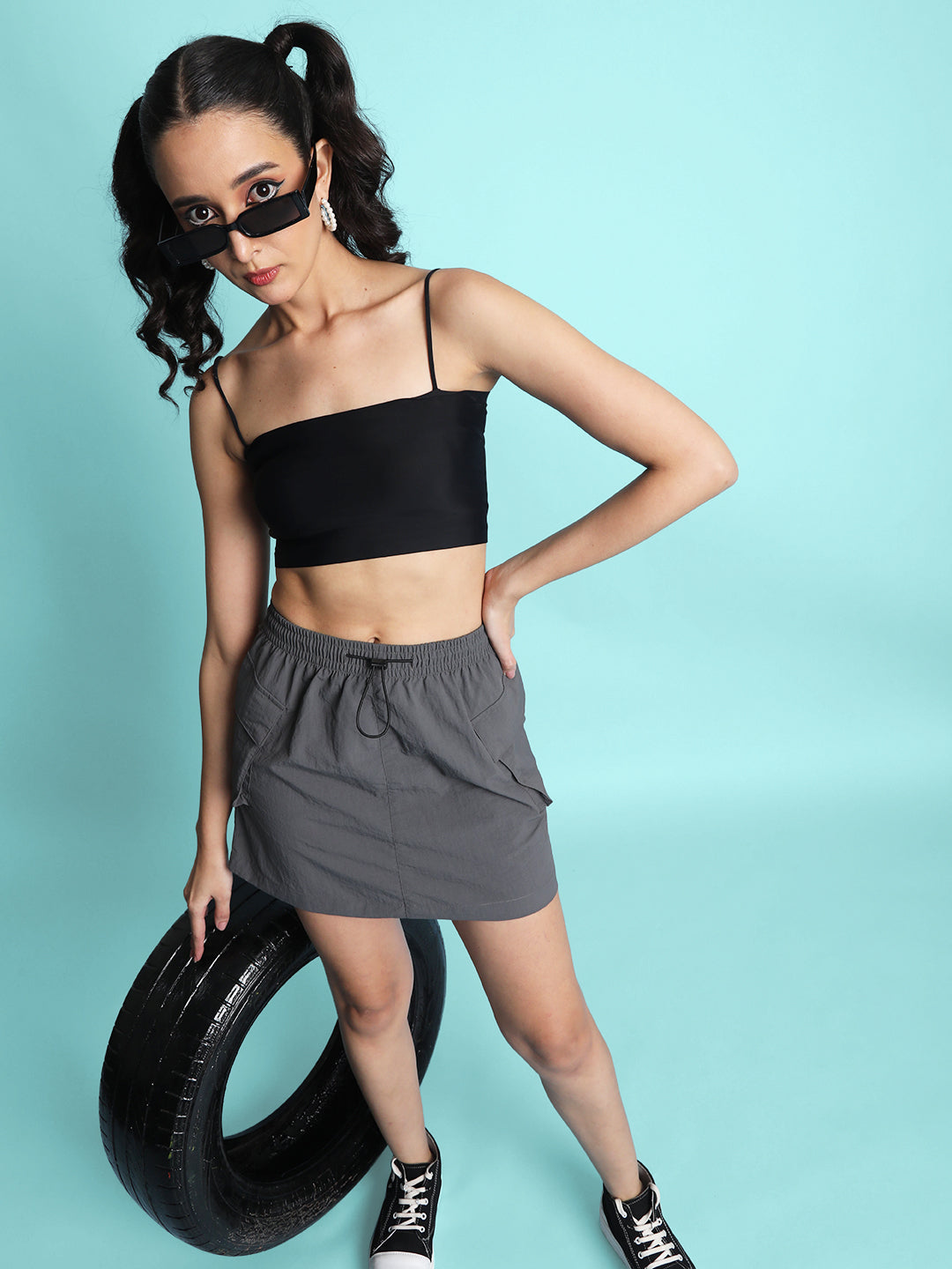 Women Grey Crushed Nylon Cargo Skirt