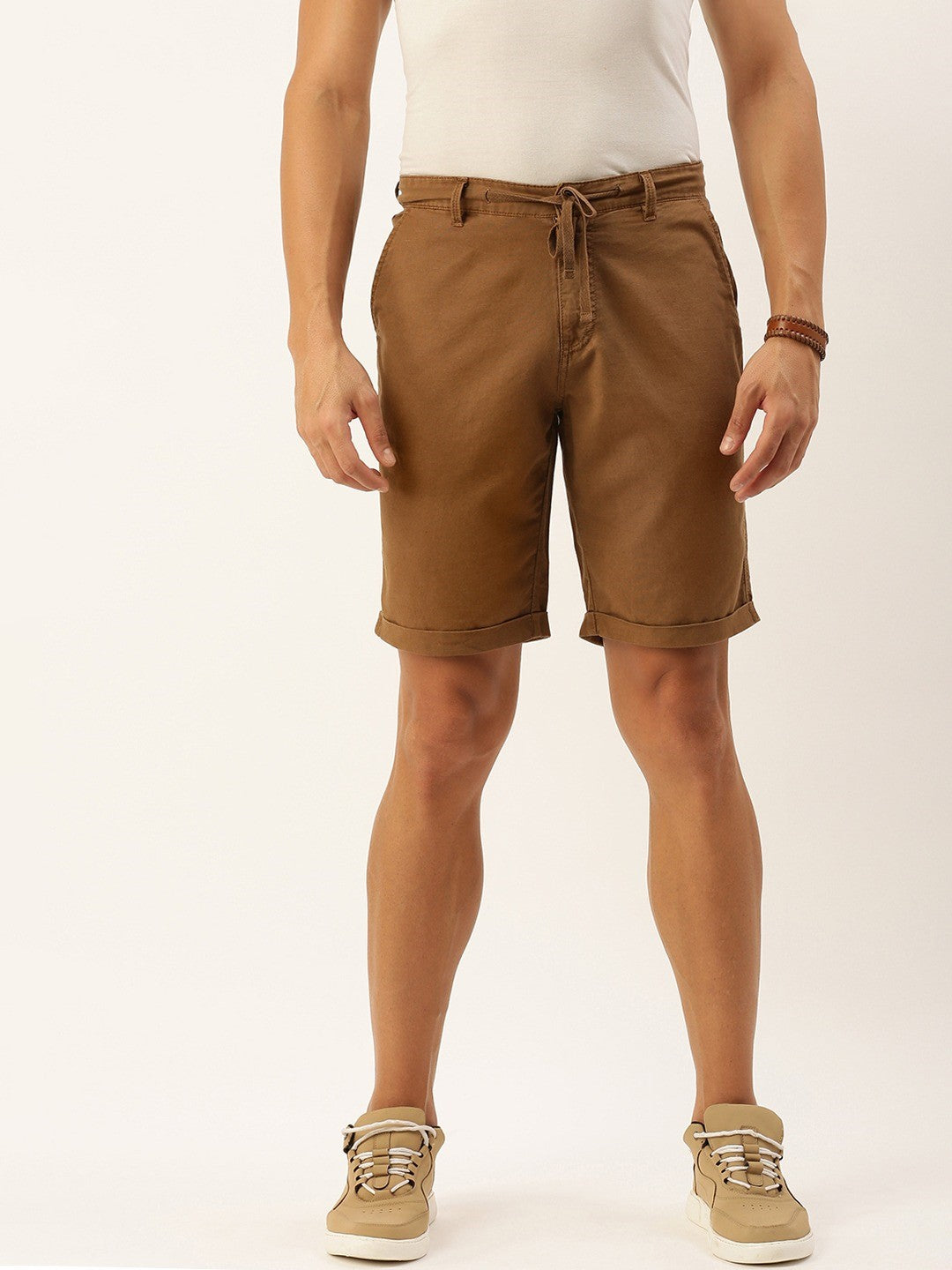 Men Light Brown Slim Fit Solid Casual Shorts