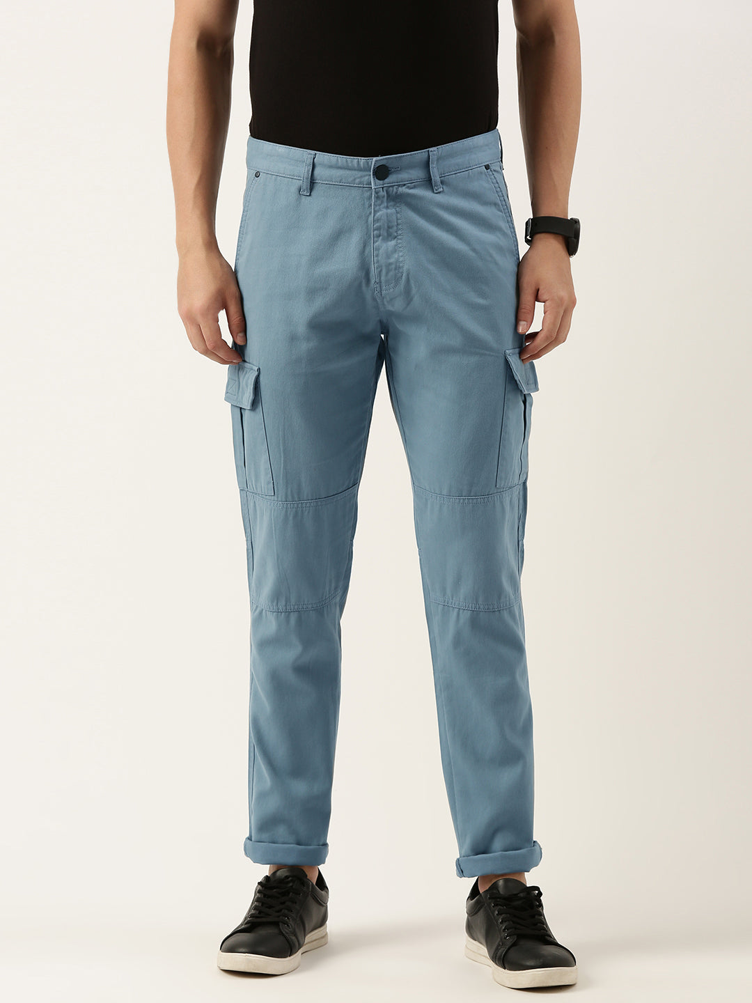 Men Dusty Blue Slim Fit Solid Cargo Trouser