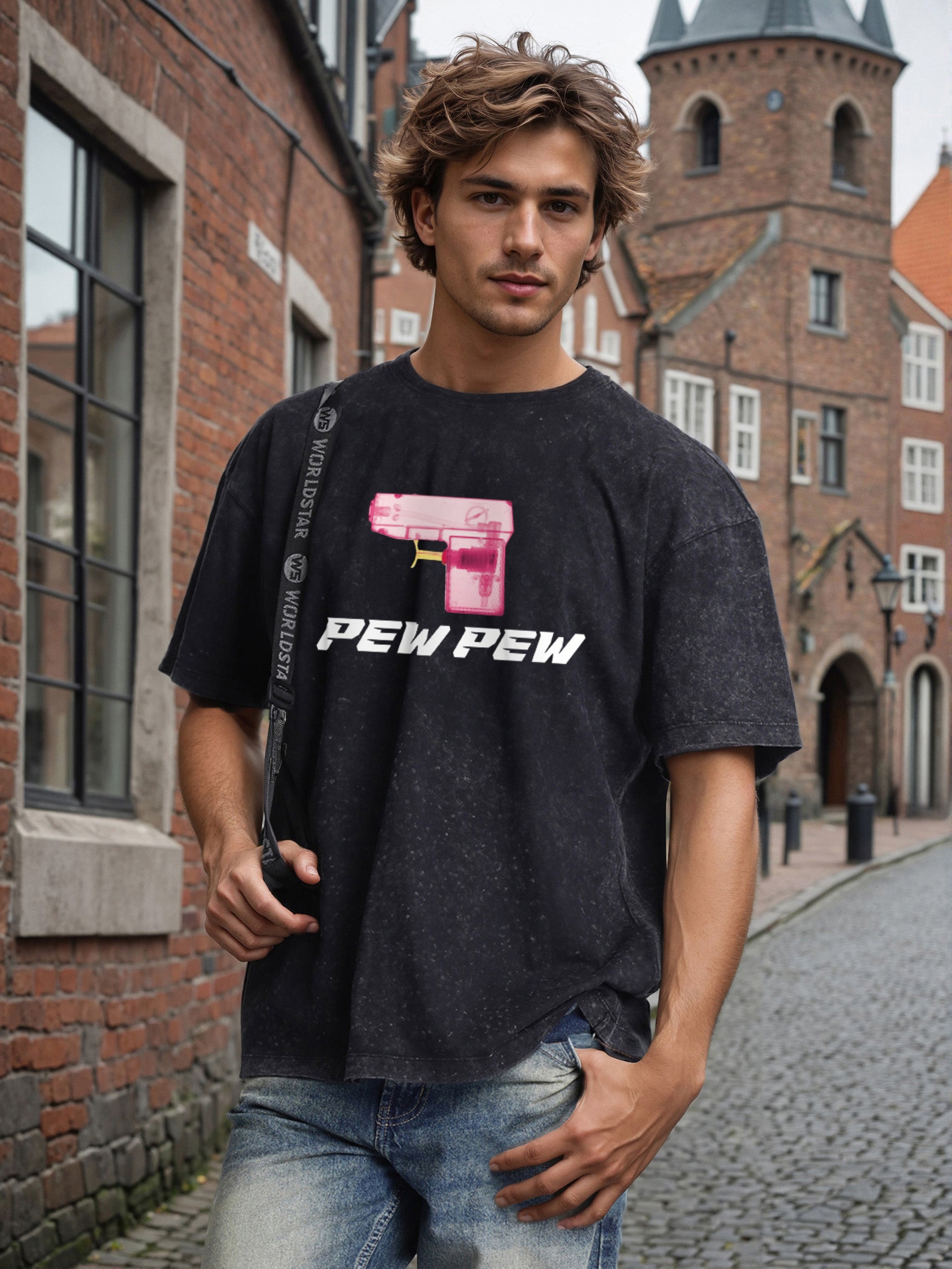 Men Black Acid Wash Graphic Print Oversize T Shirt
