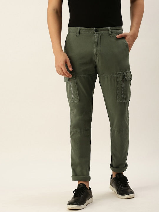 Men Olive Slim Fit Solid Cargo Trouser