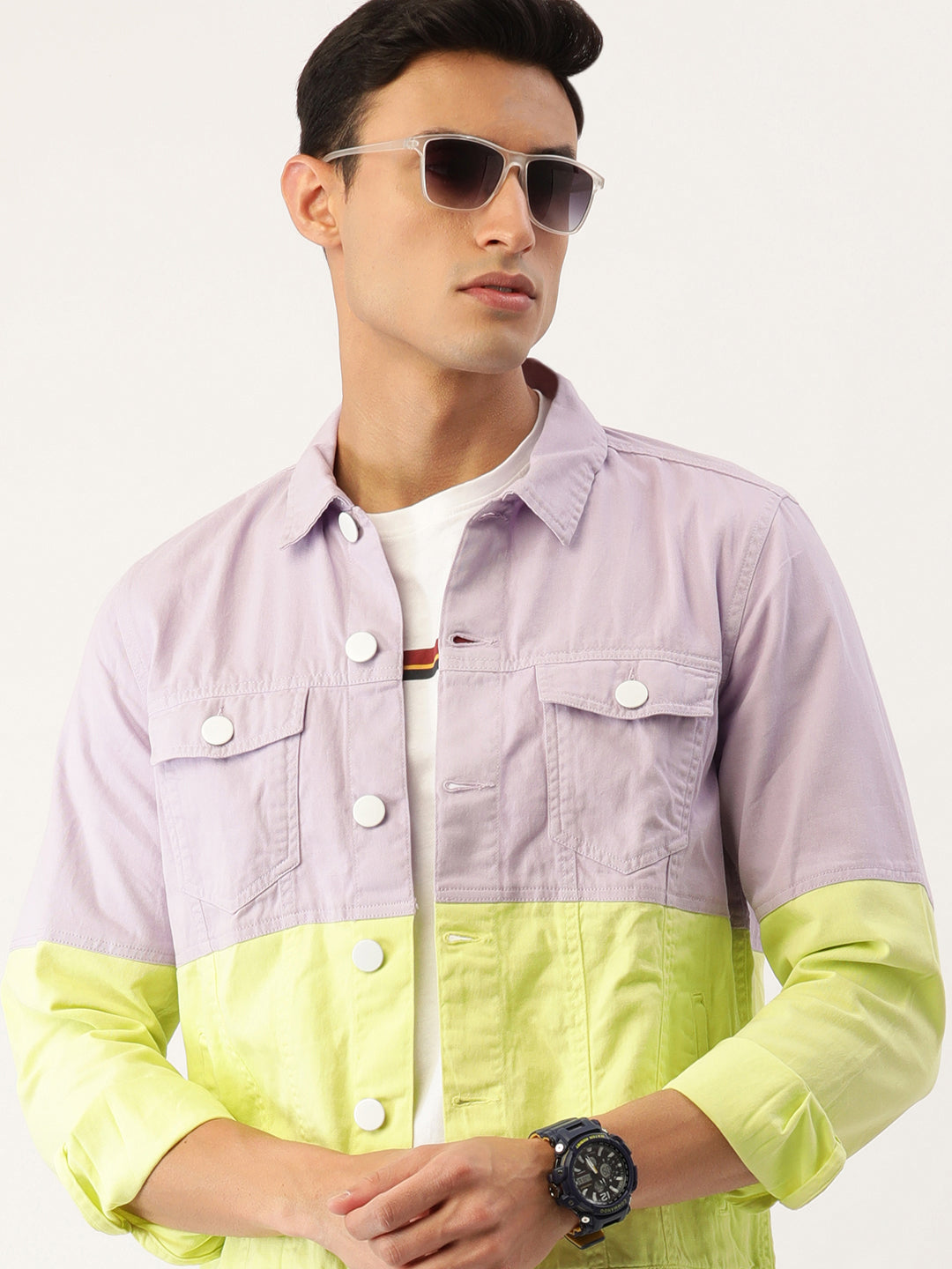 Men Pastel Lilac/Neon Yellow Slim Fit Colour Block Jacket