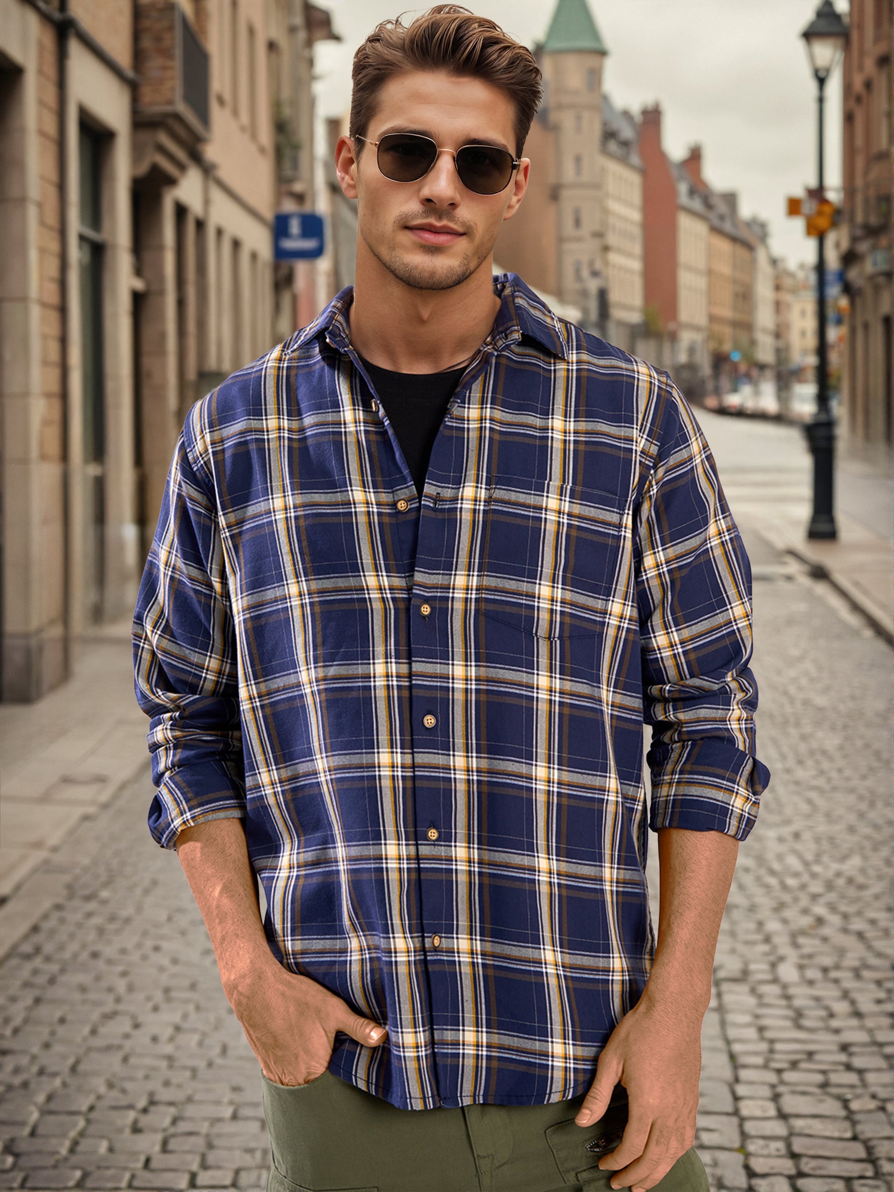 Men Blue Checked Single Pocket Casual Shirt