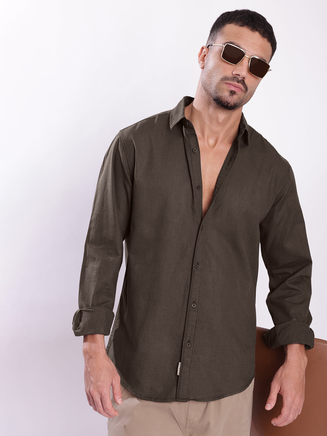 Men Brown Cotton linen Spread collar Shirt