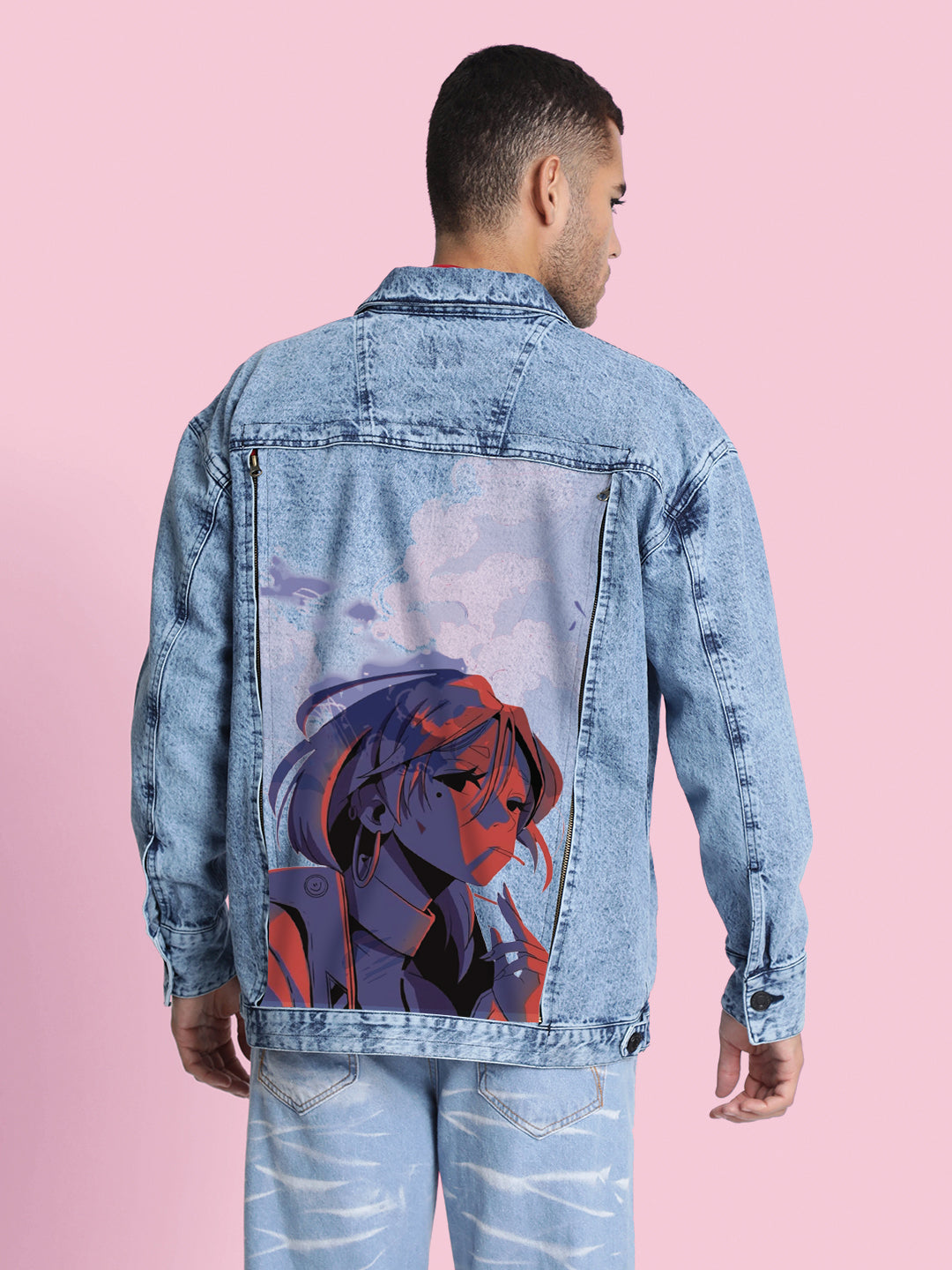 Men Blue Detachable Back Print Panel Denim Jacket