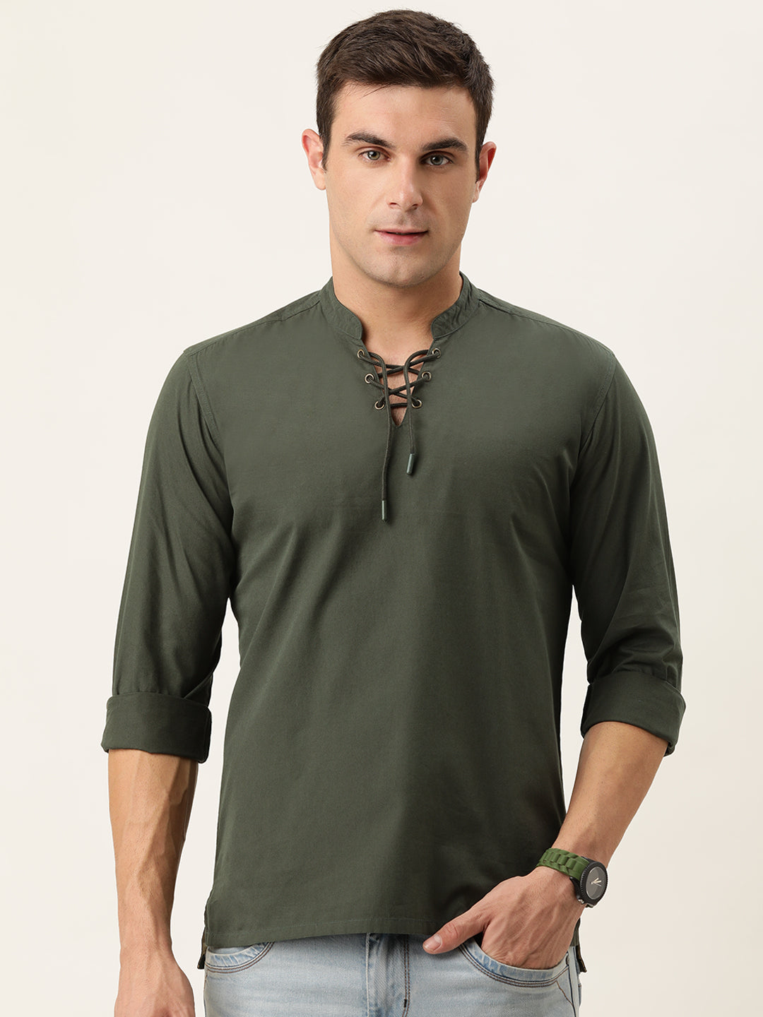 Men Olive Slim Fit Solid Kurta