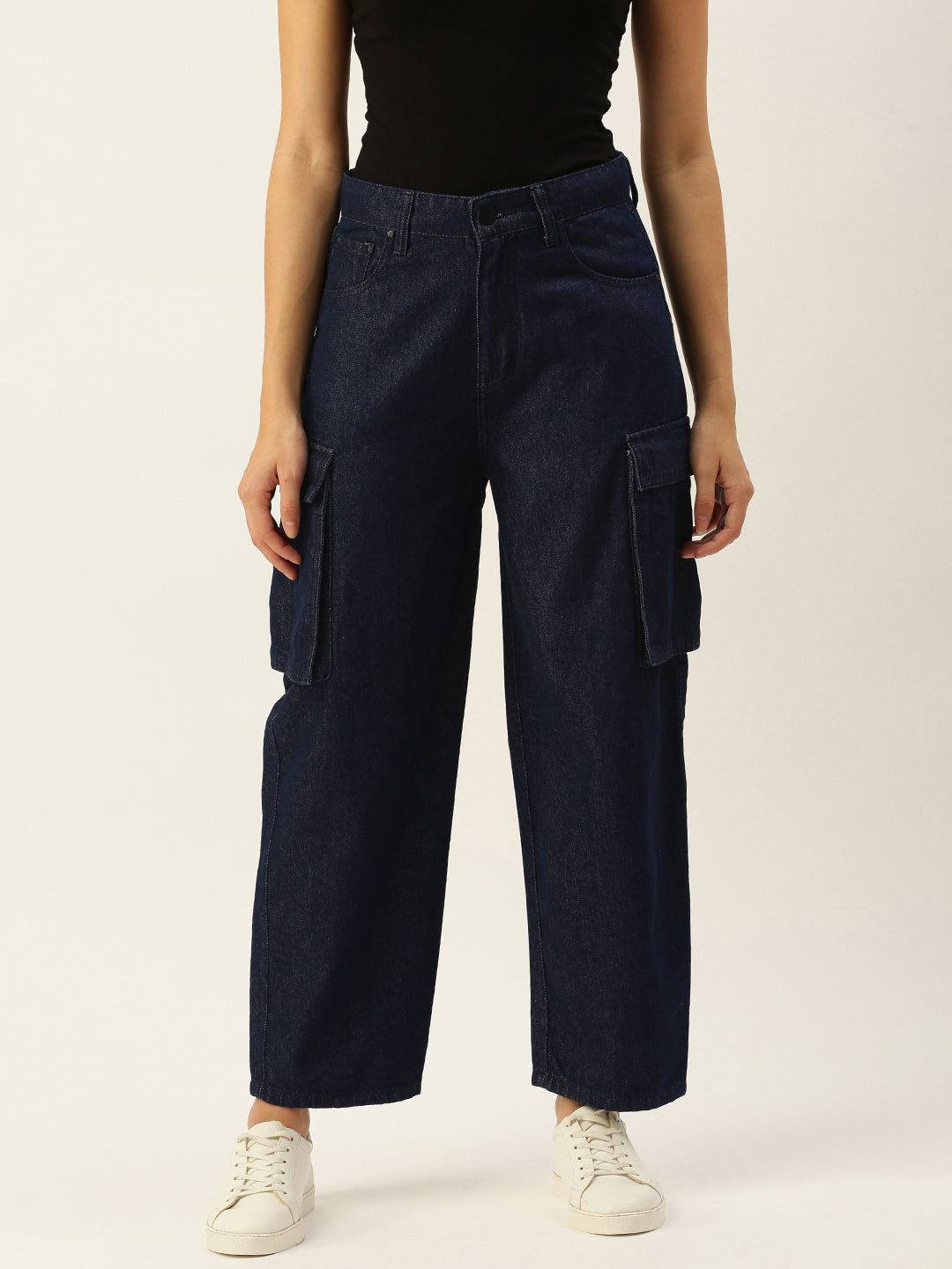 Women Navy Balloon Fit Solid Cargo Jeans