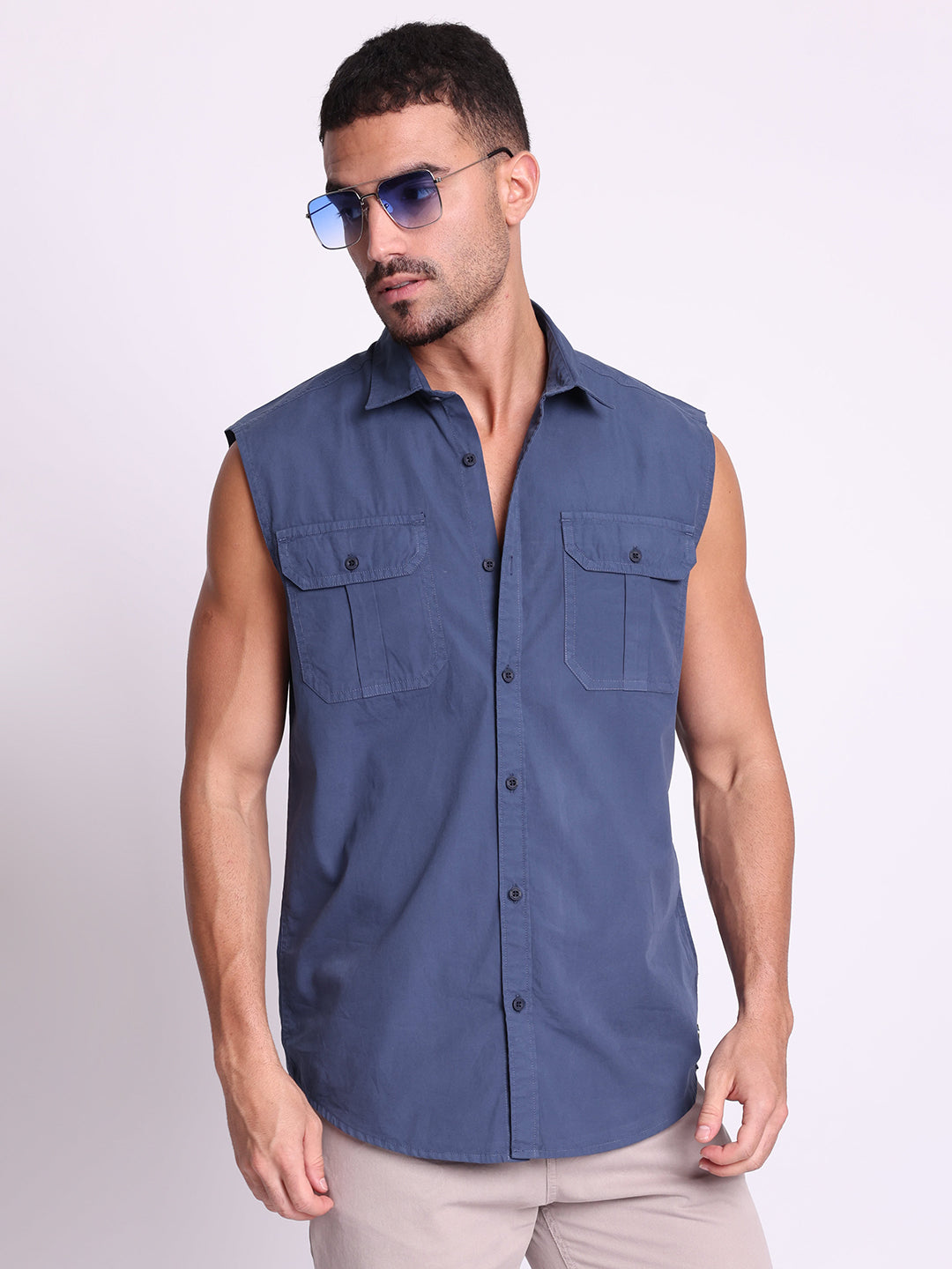 Men Navy Double Pocket Sleeveless shirt