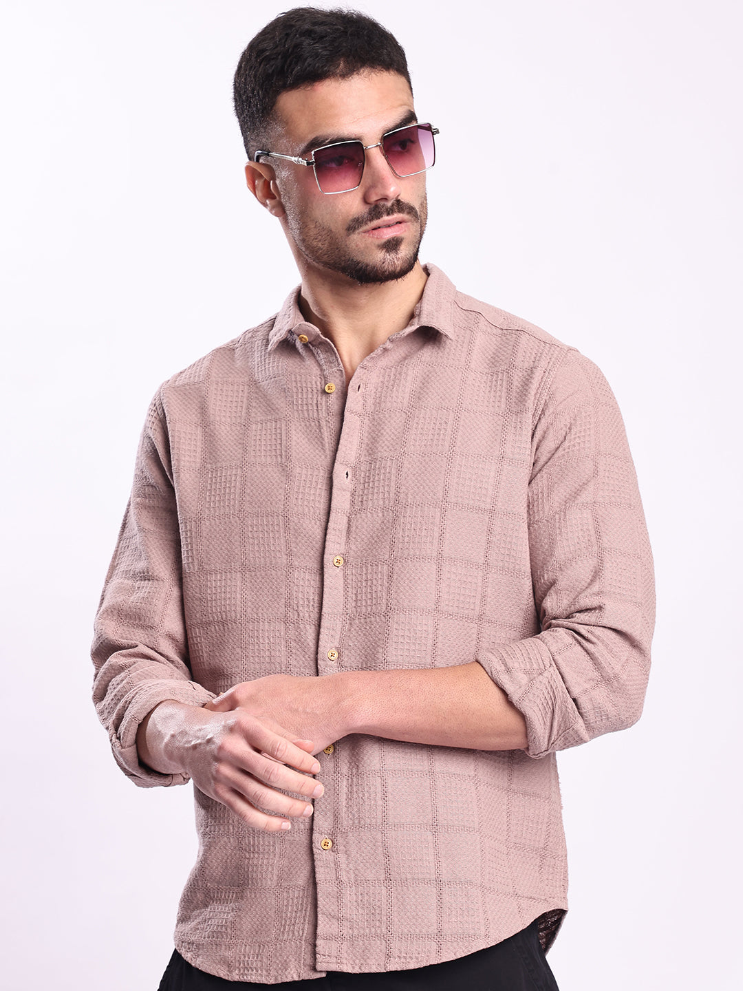 Men Peach Textured Casual Shirt