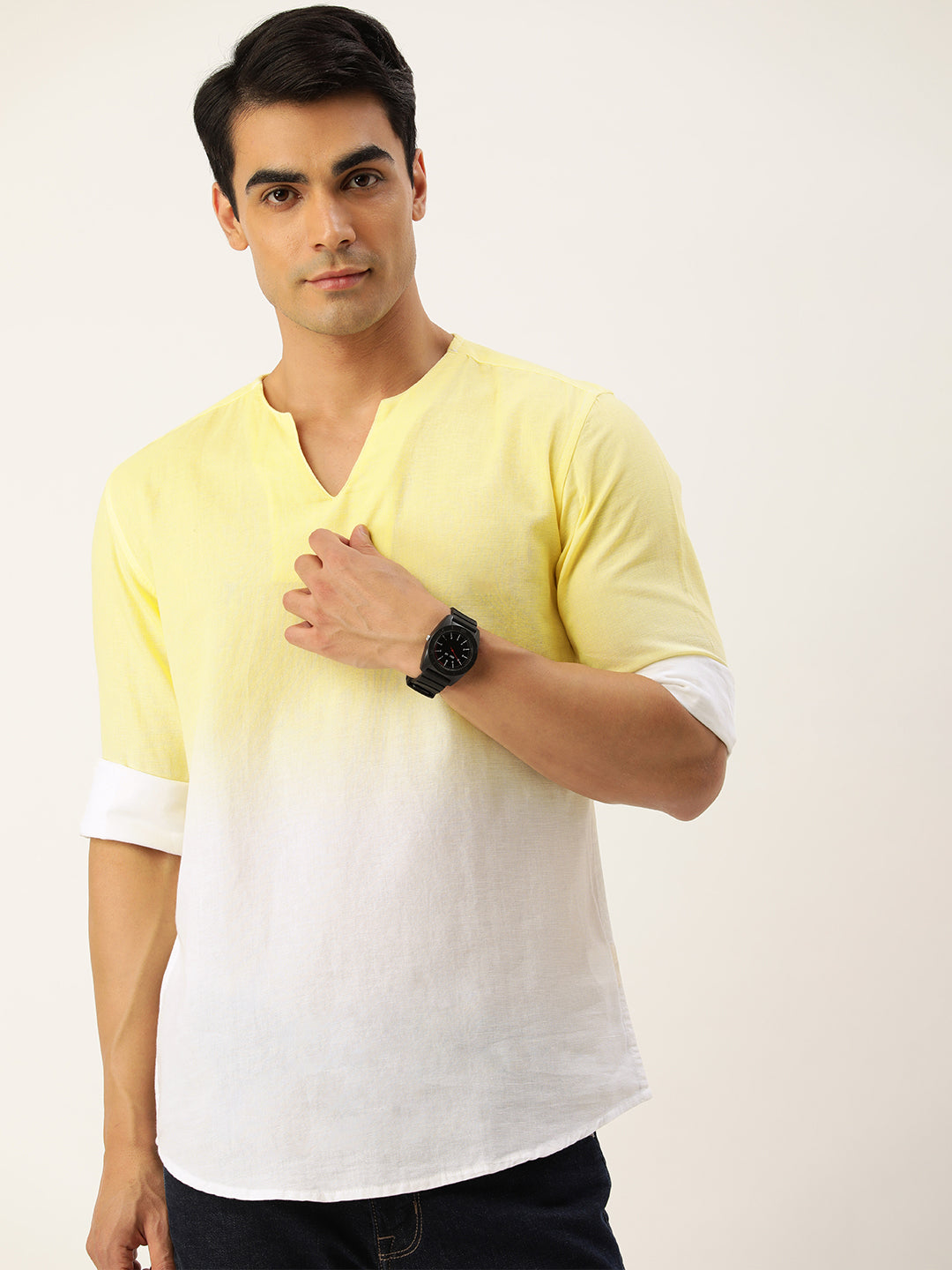 Men Light Yellow Slim Fit Solid Ombre Kurta