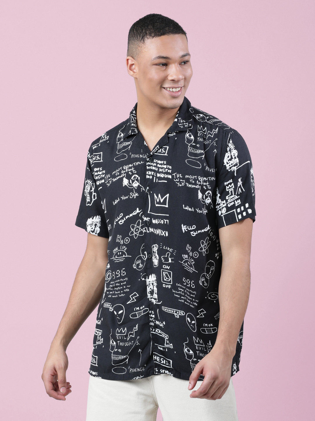 Men Black/White Regular Fit Digital Print Half Sleeves Casual Shirt