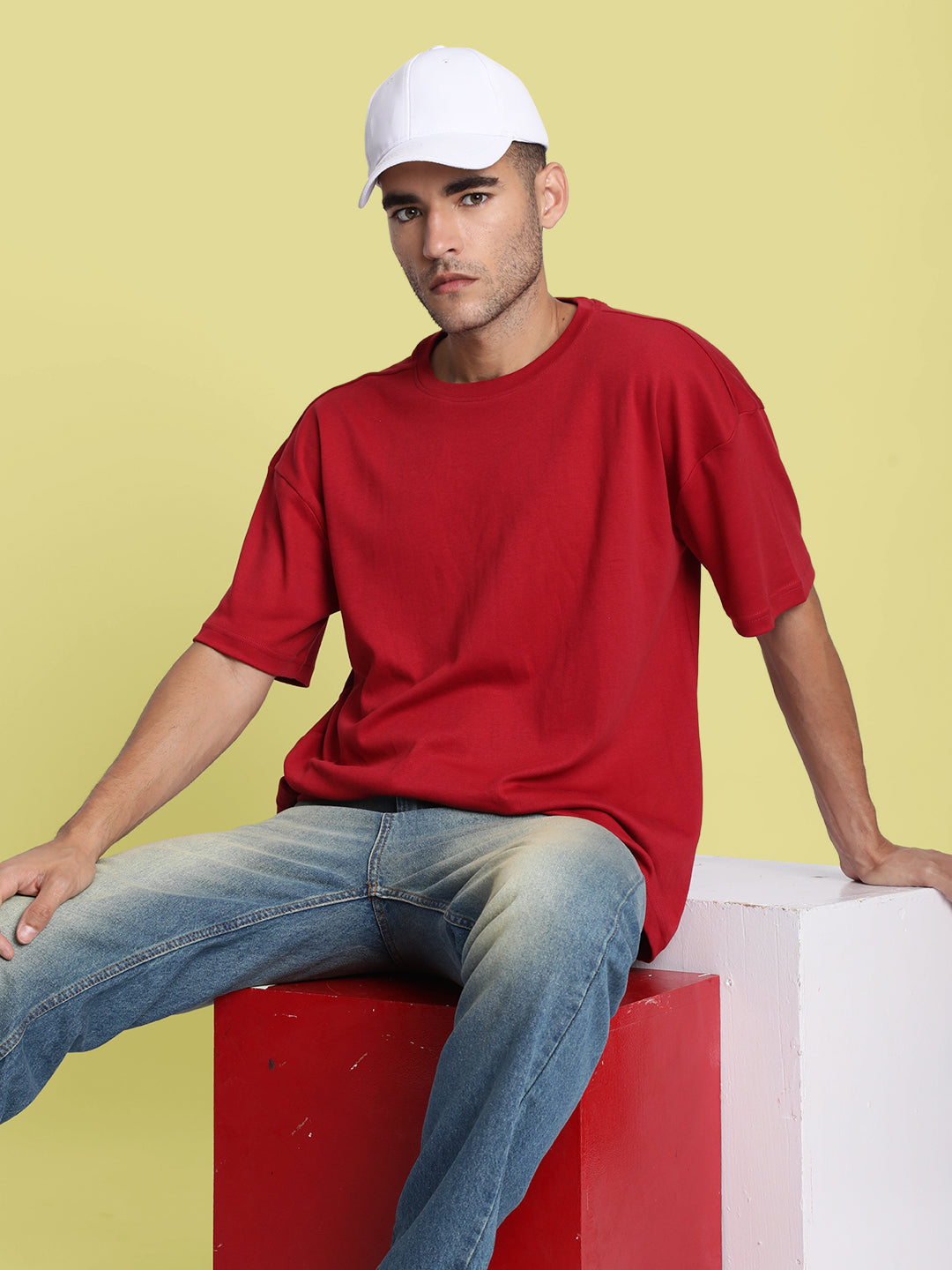 Men Red Solid Oversized T-Shirt