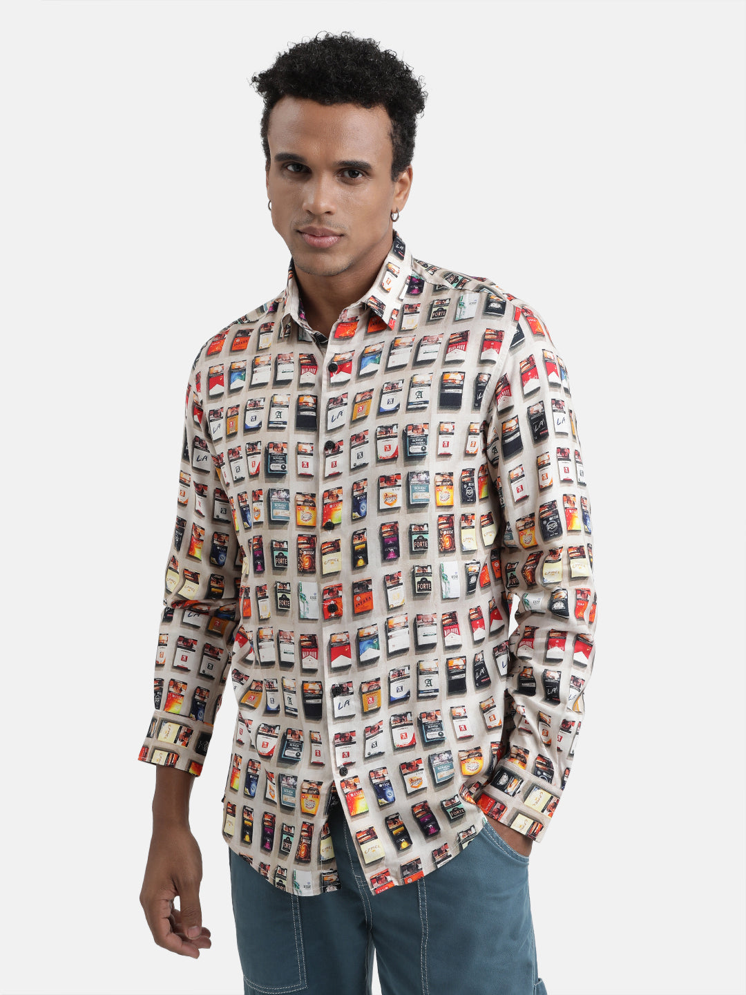 Men Off White/Red Digital Print Full Sleeves Casual Shirt