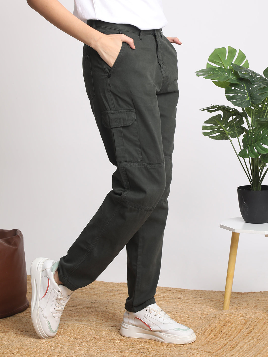 Women Alpine Green Slim Fit Solid Cargo Trousers