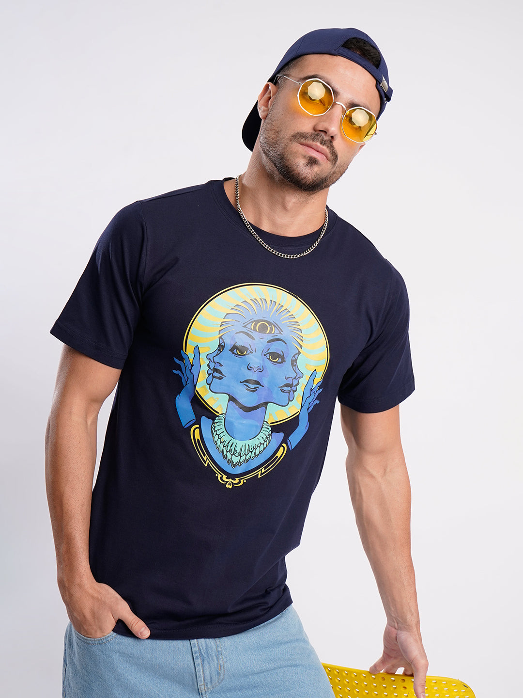Men Blue Cotton Lycra Graphic Print T-shirt