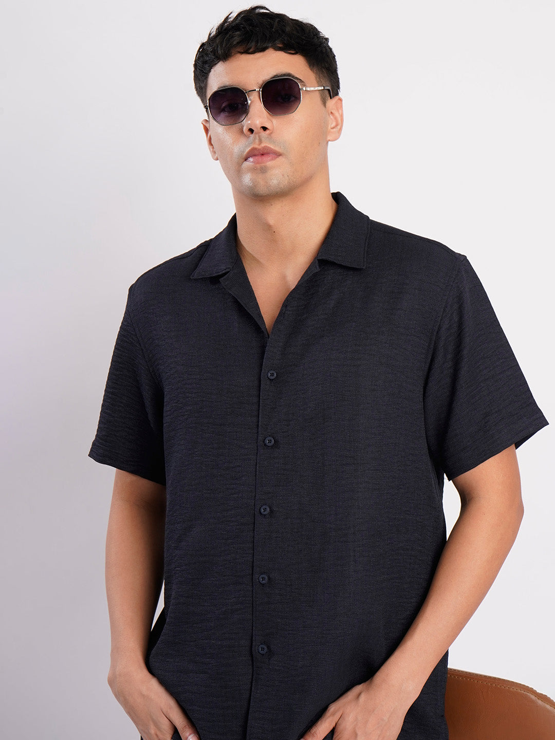 Men Navy Blue Textured Resort Collar Shirt