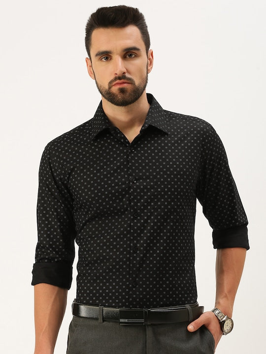 Men Black/Blue Regular Fit Printed Formal Shirt