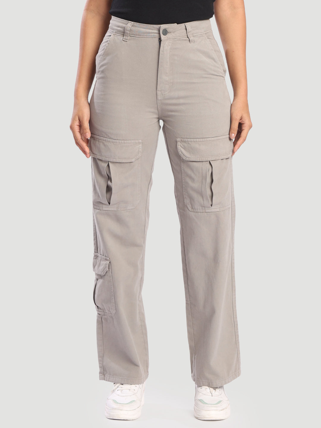 Women Grey Straight Fit High-Rise Cotton Cargos Trousers
