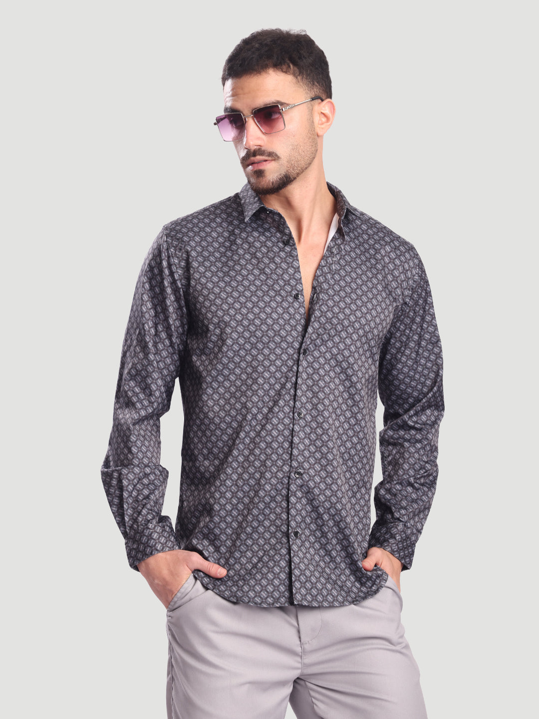 Men Grey Abstract Print Casual Shirt