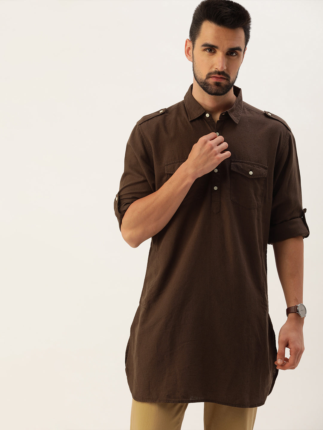 Men Dark Brown Slim Fit Solid Ethnic Kurta