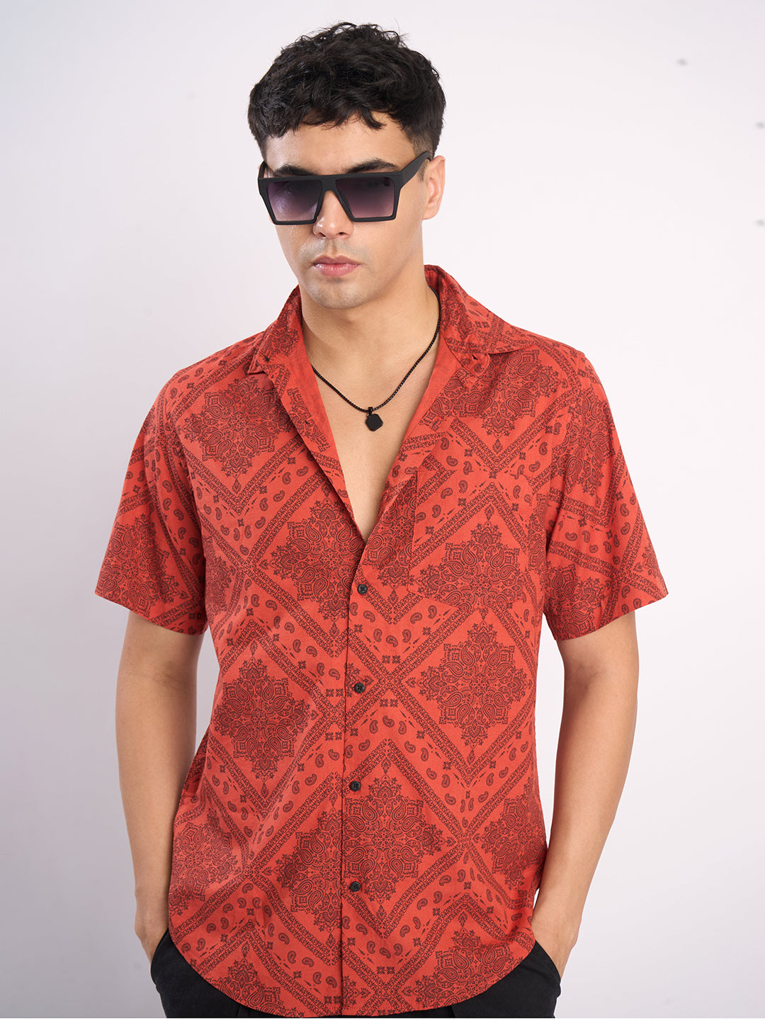 Men Rust Abstract print Single Pocket  Shirt