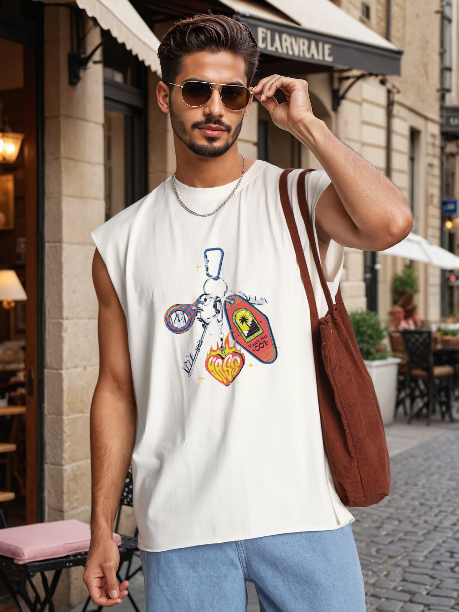 Men Off White Sleeveless Graphic Oversized T Shirt