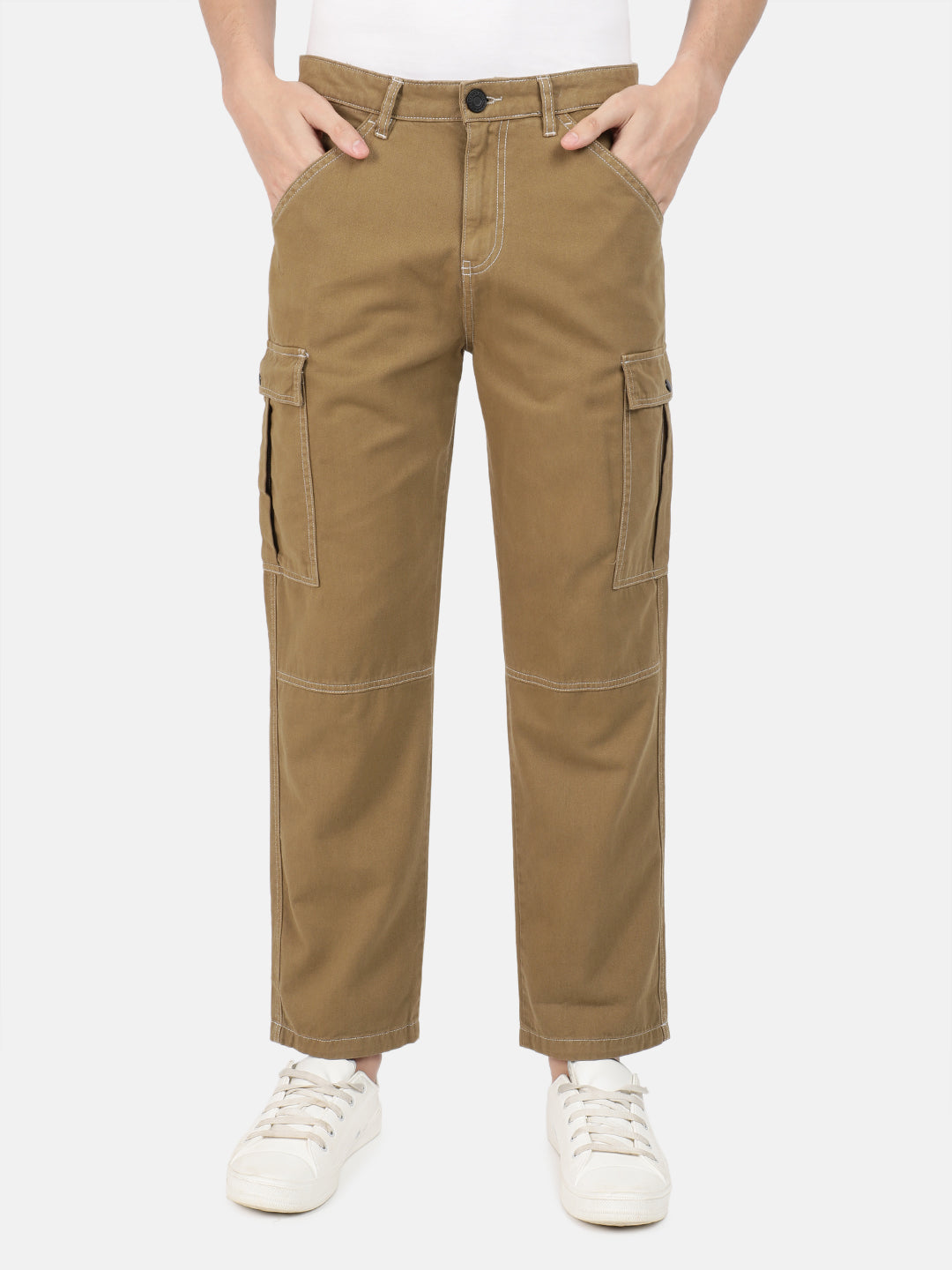 Men Bronze Mist Overdyed Relaxed Fit Solid Cargo Trouser with Contrast Stitch