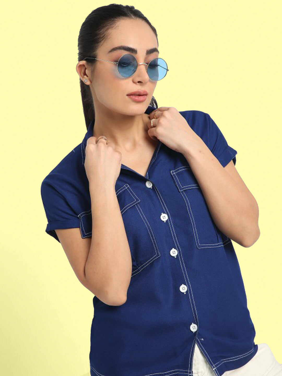 Women Admiral Blue Lightweight Casual Solid Shirt with Contrast Stitch