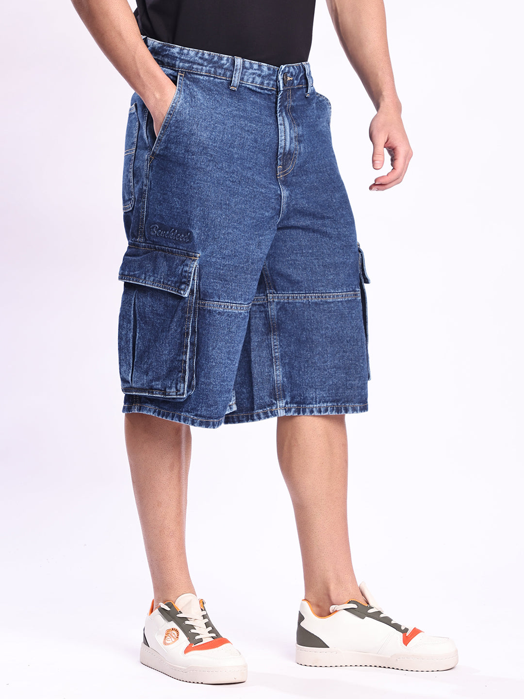 Men Blue Baggy Fit Cargo Shorts