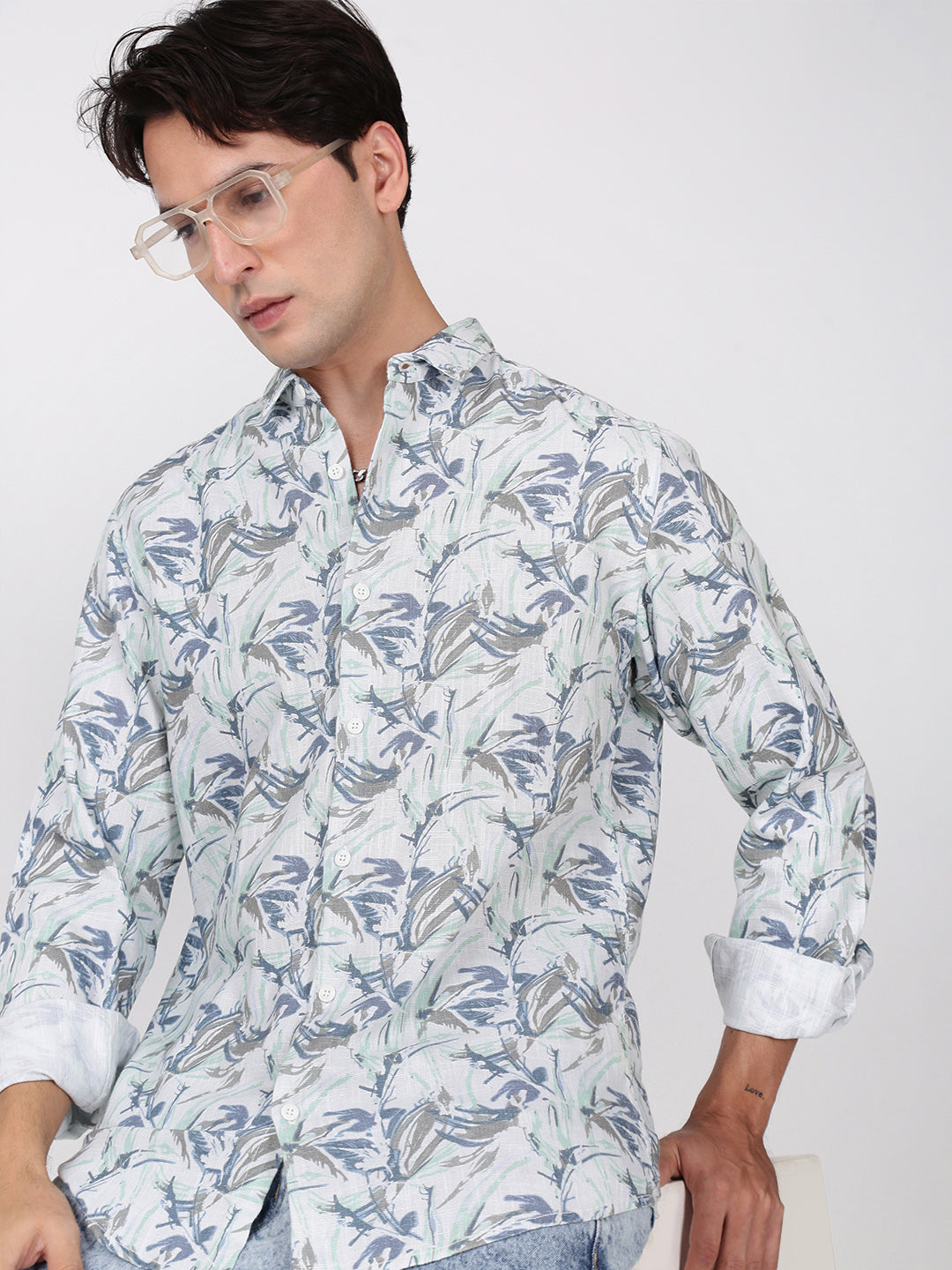 Men Green and Blue Floral Printed Slub TextureShirt