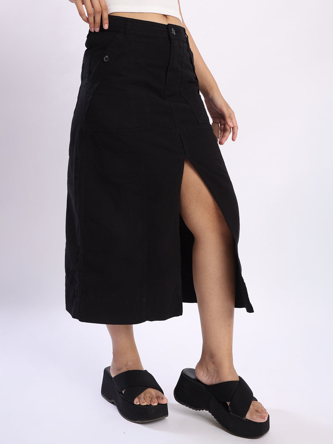 Women Black Skirt with Front Slit