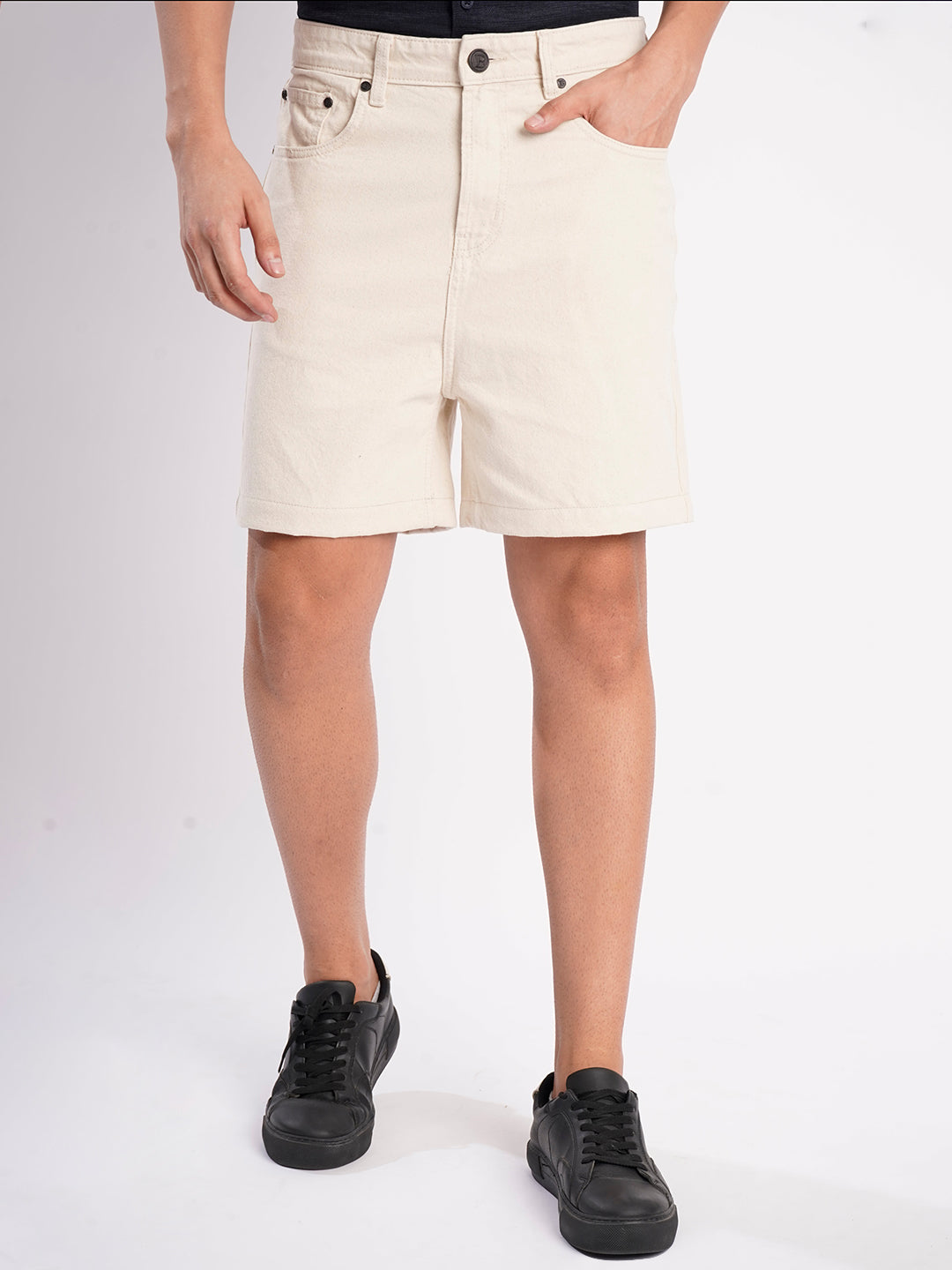 Men Ecru Regular Fit Denim Shorts