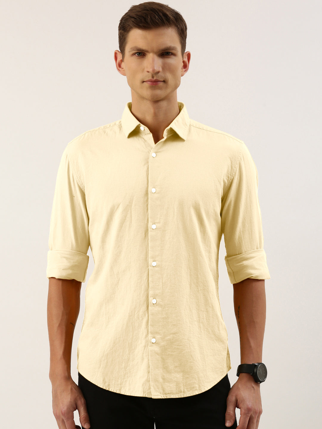 Men Beige Solid Slim Fit Casual Shirt