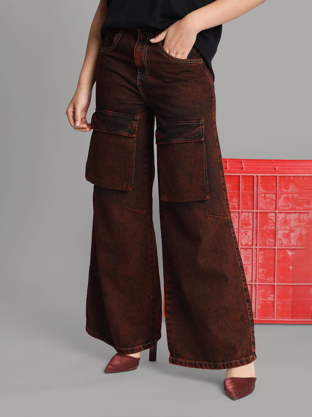 Women Wide Leg Rust Tinted Sustainable Cargo Jeans