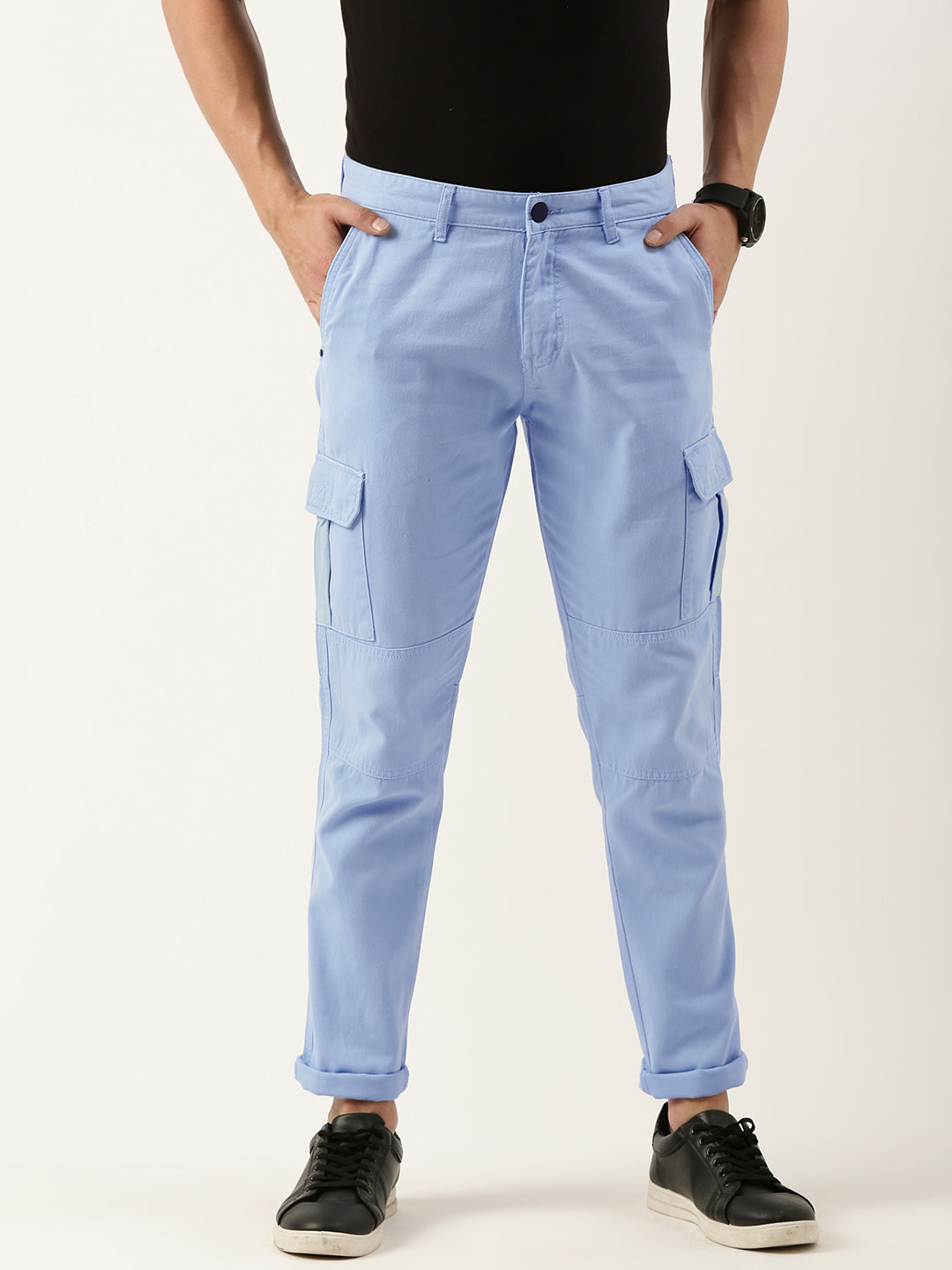 Men Cerulean Blue Slim Fit Solid Cargo Trouser