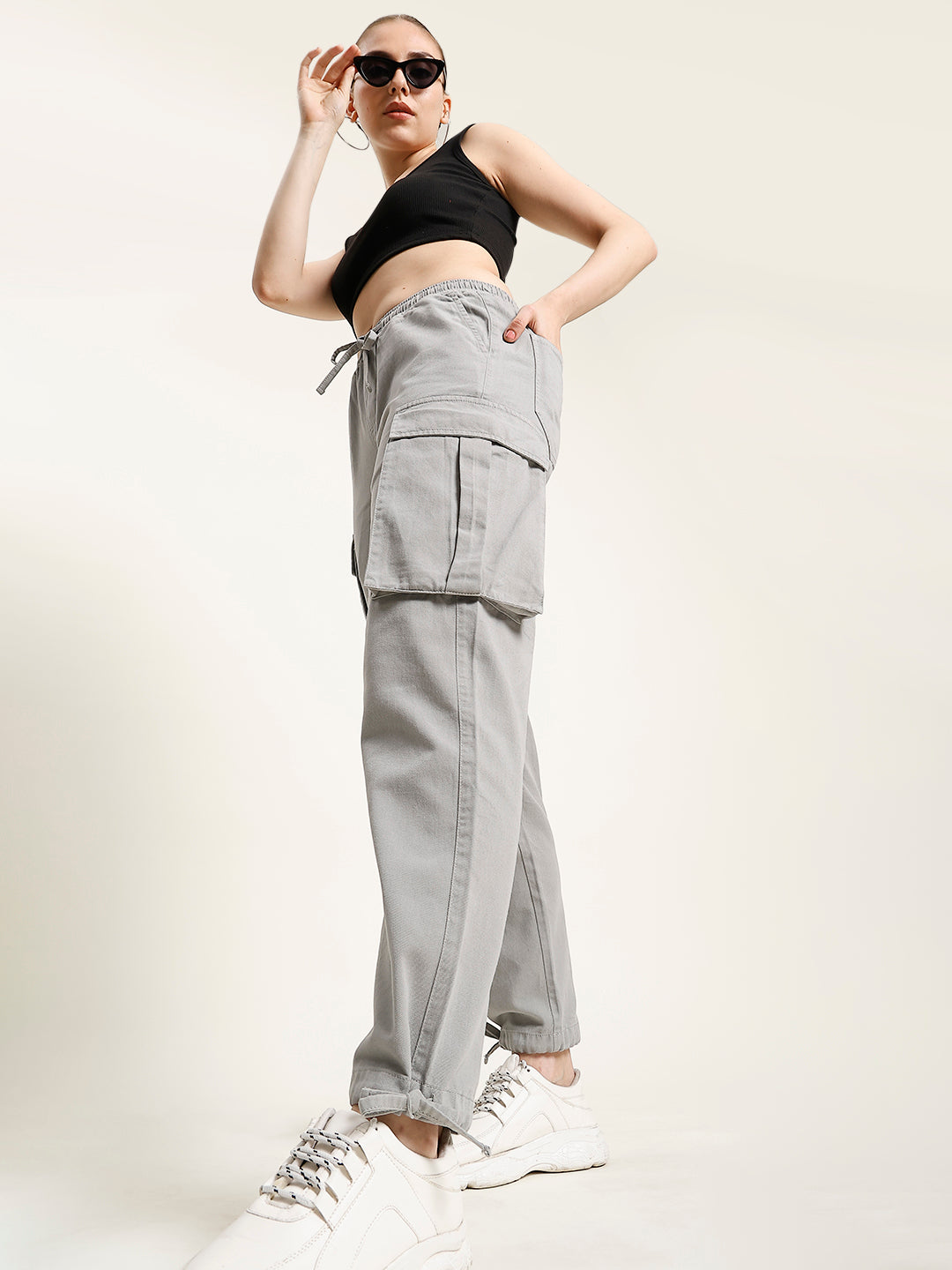 Women Regular Fit Neutral Grey Cargo Trousers