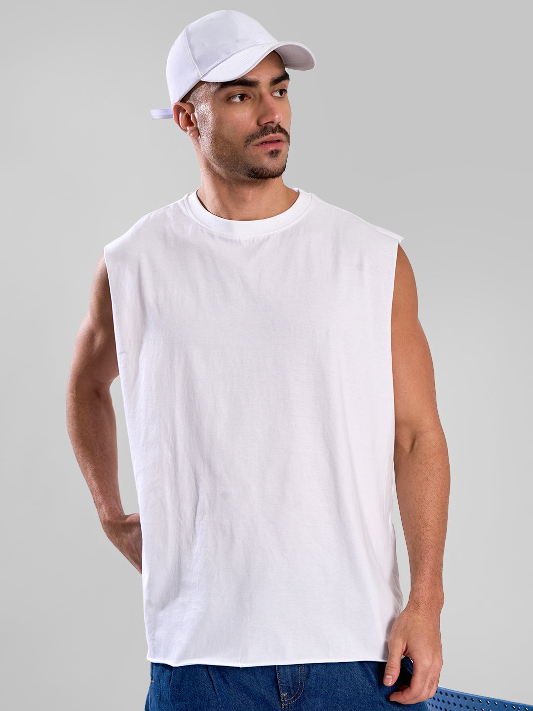 Men White Sleeveless Oversized T Shirt