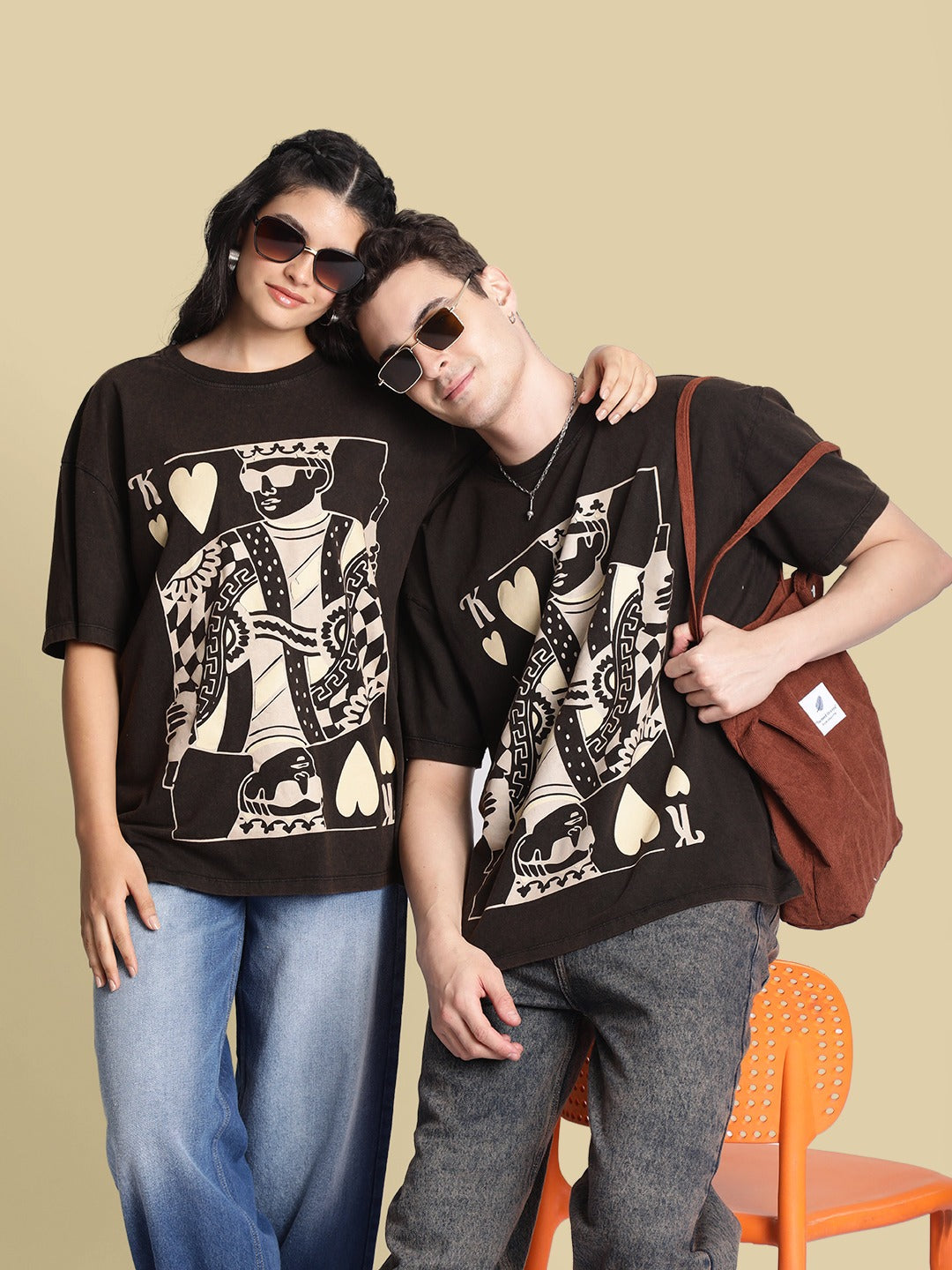 Gender-Fluid Rustic Brown Oversized Tee for Couples